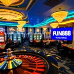 Excited gamblers at a vibrant casino scene with FUN88 đăng nhập displayed on a digital screen.