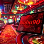 Nohu90 players engaging with high-stakes slot machines in a luxurious casino setting.