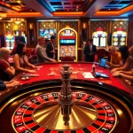 Players engaging in thrilling games at 33win casino, with vibrant roulette and slot machines.