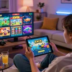 Kwin app user enjoying diverse online games in a cozy living room