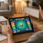 Engaging online gaming session showing a player enjoying tài xỉu md5 game on a tablet in a cozy setting