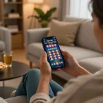 Taya 365 user enjoying online slots on smartphone in a cozy home environment
