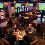 Dynamic scene of sports bettors engaging with Nowgoal live betting odds in a lively casino lounge