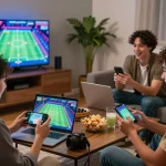 Friends enjoying an exciting online betting session at link f168, showcasing vibrant gaming atmosphere and modern technology.
