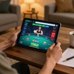 Player engaging in online poker at home using 12bet, showcasing tablet interface and a cozy environment.