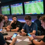 Soi kèo bóng đá with bettors engaging in sports betting at a vibrant lounge.