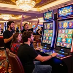 Excited players enjoying the Lucky 88 slot machine at a vibrant casino, capturing the thrilling gambling atmosphere.