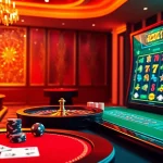 E2bet online gaming scene with vibrant casino tables and digital slot machines.