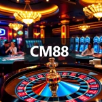 Experience the thrill of betting at CM88 with a vibrant casino scene featuring roulette and poker chips.