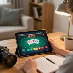 Player using phsky app on a tablet for online poker from a cozy home setup, showcasing strategy notes.