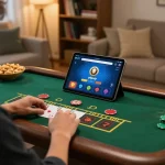 Engaging in a phpvip online blackjack game on a tablet, showcasing responsible gaming at home.