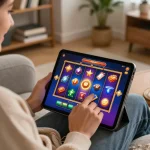 An excited player engaging with mm88 online slots on a tablet in a cozy home environment