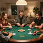 LLWIN players enjoying a lively home poker game, chips and cards create an engaging atmosphere.