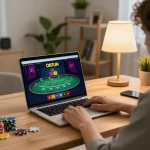 Engaging player enjoying OKFUN online blackjack at home gaming setup, highlighting strategic play.
