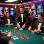 Players engaged in blackjack strategy while enjoying tips on tin soi kèo alongside lively casino ambiance.