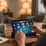 Engaging in kp88 bet strategy online in a cozy living room setting.