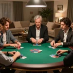 Players enjoying a strategic poker game at home with BL555 in focus, capturing camaraderie and competition.