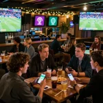 Engaged friends place bets using kèo nhà cái 88 apps at a lively sports bar