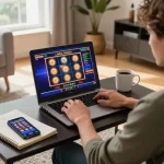 Player engaging in online casino gaming at home with gen88h displayed on laptop screen, showcasing excitement and strategy.