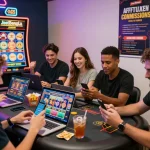 Young adults discussing JeetBangla affiliate opportunities in a vibrant casino environment, showcasing excitement and engagement.