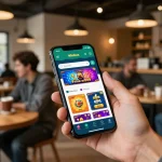Engaging hands holding smartphone showcasing the download Winbox mobile casino app interface with vibrant game options