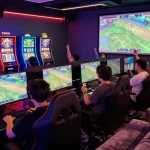 Engaged players in a vibrant gaming lounge at CWIN enjoying online betting action