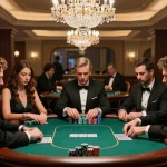Players engaged in a high-stakes poker game at GA 88's luxurious casino, showcasing strategic gameplay.