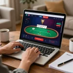 Engaging in online poker at home while using Nhà cái KONG88 for strategic gameplay.