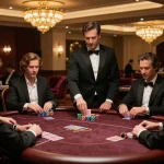 Players engaging in a high-stakes poker game at a luxurious vipwin room, highlighting dealer and chips.