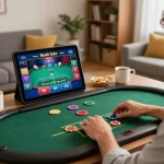 Người chơi LUCK8 tương tác với các dealer trực tiếp trên máy tính bảng trong một không gian chơi game ấm cúng tại nhà.