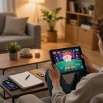 Sc88 online gamer strategizing with a tablet showing live dealer action in a cozy setting.