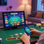 Engaging with the Trang Chủ O8 mobile app for live dealer blackjack in a cozy modern setting