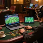 Engaged player placing bets on vipwin's online platform using laptop and tablet in a comfortable home setting