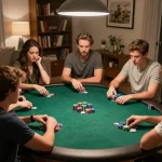 Friends enjoy a competitive poker night at home, showcasing iwin strategies and vibrant gameplay.