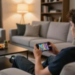 Engaging in mobile play on a smartphone while enjoying gaming at home, showcasing 918kaya