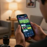 Engaging scene of bong88v app for sports betting, depicting live odds on a smartphone in a cozy home setting.