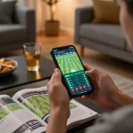 Engaging in sports betting for rik vip using smartphone in cozy home atmosphere.