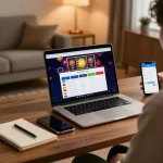 Engage with sun win gaming platform on a stylish laptop at home, showcasing responsible gaming.