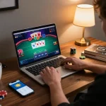 Player enjoying an online poker game on sunwin platform in a cozy home setting with laptop and smartphone.