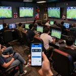 Engaged bettor using the OKFUN app for placing live sports bets in a lively lounge setting.