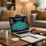 Player enjoying poker on rikvip platform in a cozy home, showcasing a comfortable online gaming setup.
