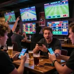Fans engaging in sports betting while analyzing tỷ lệ kèo nhà cái on live screens