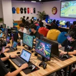 Interactive scene of young adults gaming on 789club platform with colorful accessories.