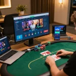 #zowin exciting online poker gameplay setup featuring multiple devices and strategic gaming elements.