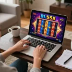 Engaged player enjoying Bl555 casino slots on laptop in cozy home setting, emphasizing strategic online gaming atmosphere