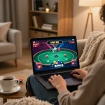 Player enjoying MM 88 online poker at home, highlighting vibrant gameplay and cozy atmosphere.