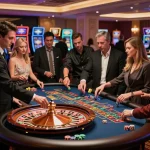 Melihat pemain menikmati permainan roulette yang menarik di kasino HWG500 di bawah pencahayaan ambient yang elegan.