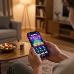 Bong88viva user enjoying live dealer games on smartphone in a cozy living room