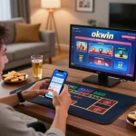 Engaging in online gambling with the okwin app on smartphone, showing excitement and strategic betting in a cozy home setting