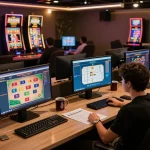 Sbobet11 online gaming setup with multiple screens showing casino games, creating an engaging atmosphere